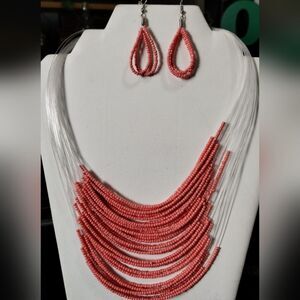👜NWT Fashion Accessory set of earrings and necklace beaded Coral - #212‎